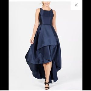 Adrianna Papell HIGH LOW MIKADO GOWN WITH ASYMMETRICAL DETAIL IN MIDNIGHT
